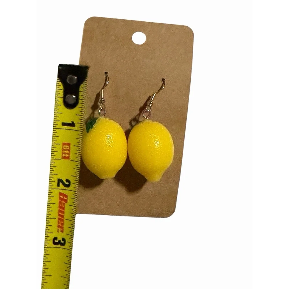 Handmade Lemon Fruit Drop Earrings‎ Yellow Kitsch Foodie Jewelry Gold Tone Hooks